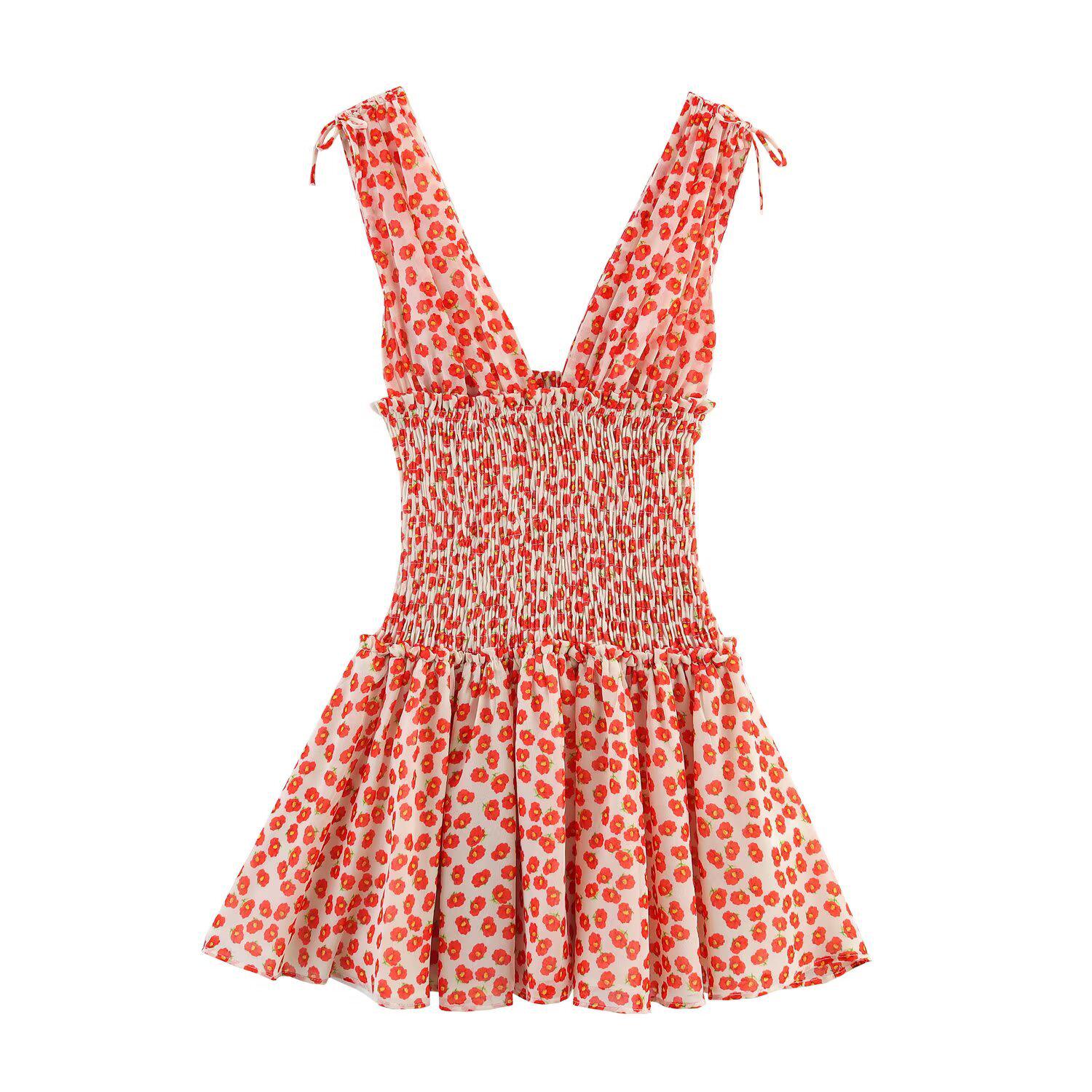 

Летнее женское облегающее платье с V-образным вырезом, открытой спиной и цветочным принтом, 2025 Extra Small красный