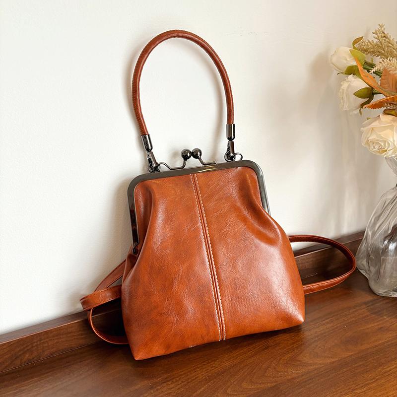 Designer Luxury Handbag with Kiss Lock Vintage PU Leather Shoulder Bag Solid Color Top-Handle Bag Retro Clip Bag Crossbody Bags