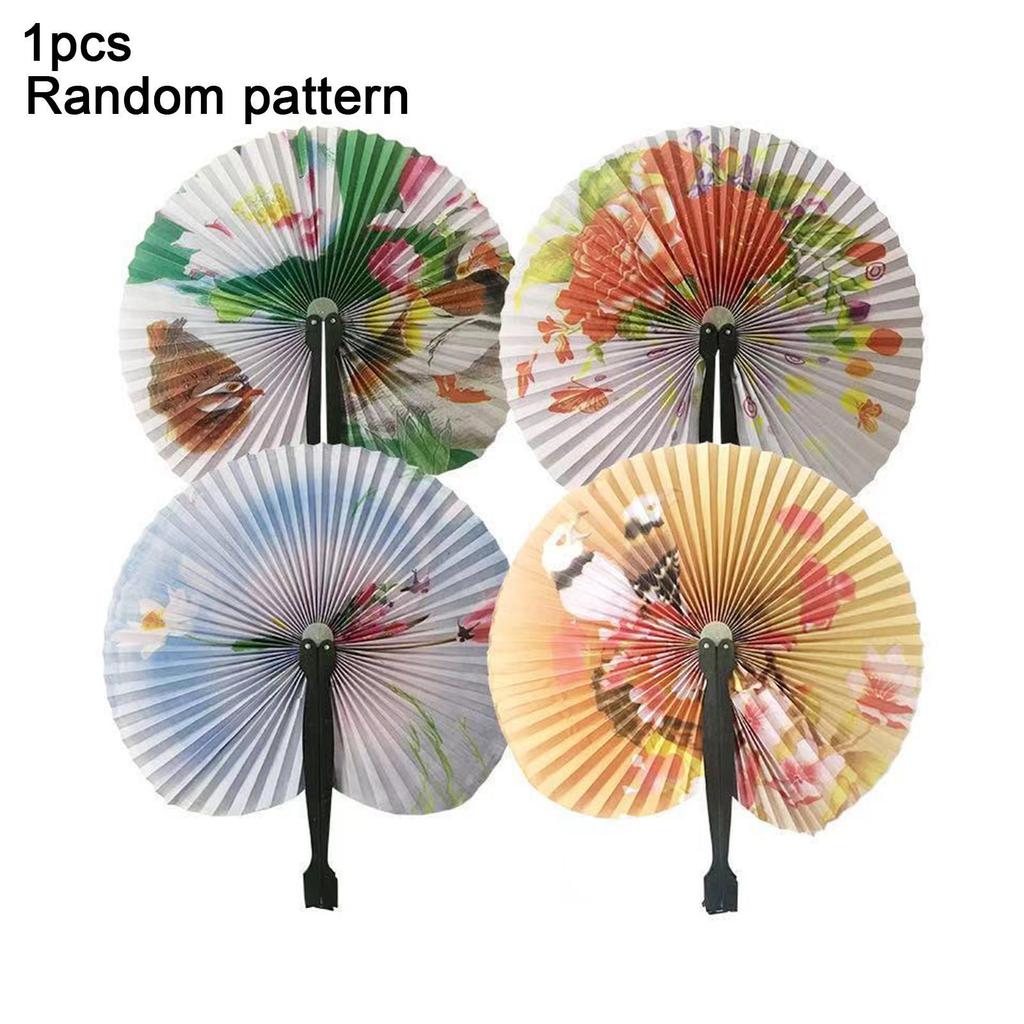 Foldable Paper Fan Retro Windmill Small Round Paper Color Decor Paper Fan Style Party Hand Gift 1pc Random Fan Printed