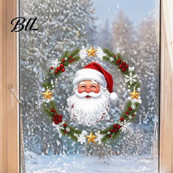 Seasonal Party Supplies Christmas Window Clings, Cute Santa Claus Wreath Sticker, Cartoon Self Adhesive Decals Holiday Static Glass Decal for