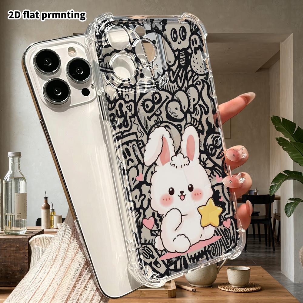 Phone case: 2D flat suitable for iPhone 18 17 16 15 14 13 Pro, transparent four corner protective case, star rabbit, Christmas and Halloween gifts