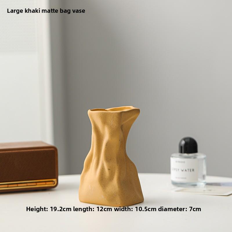 Nordic Cream Ruffle Fabric Ceramic Vase for Dried Flowers Irregular Pouch Shape Home Decor Living Room Table Centerpiece