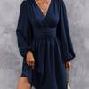 Polyester Vneck Lantern Sleeve Dress With Pleats For Casual And Party Wear