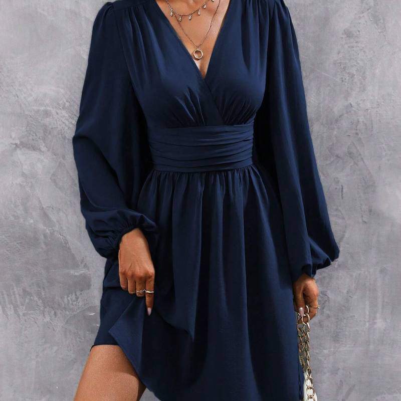 Polyester Vneck Lantern Sleeve Dress With Pleats For Casual And Party Wear