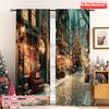 2pcs 2D Flat Printing Merry Christmas Curtains Snowy Street Scene Durable 100% Polyester Fabric Without Electricity Festive