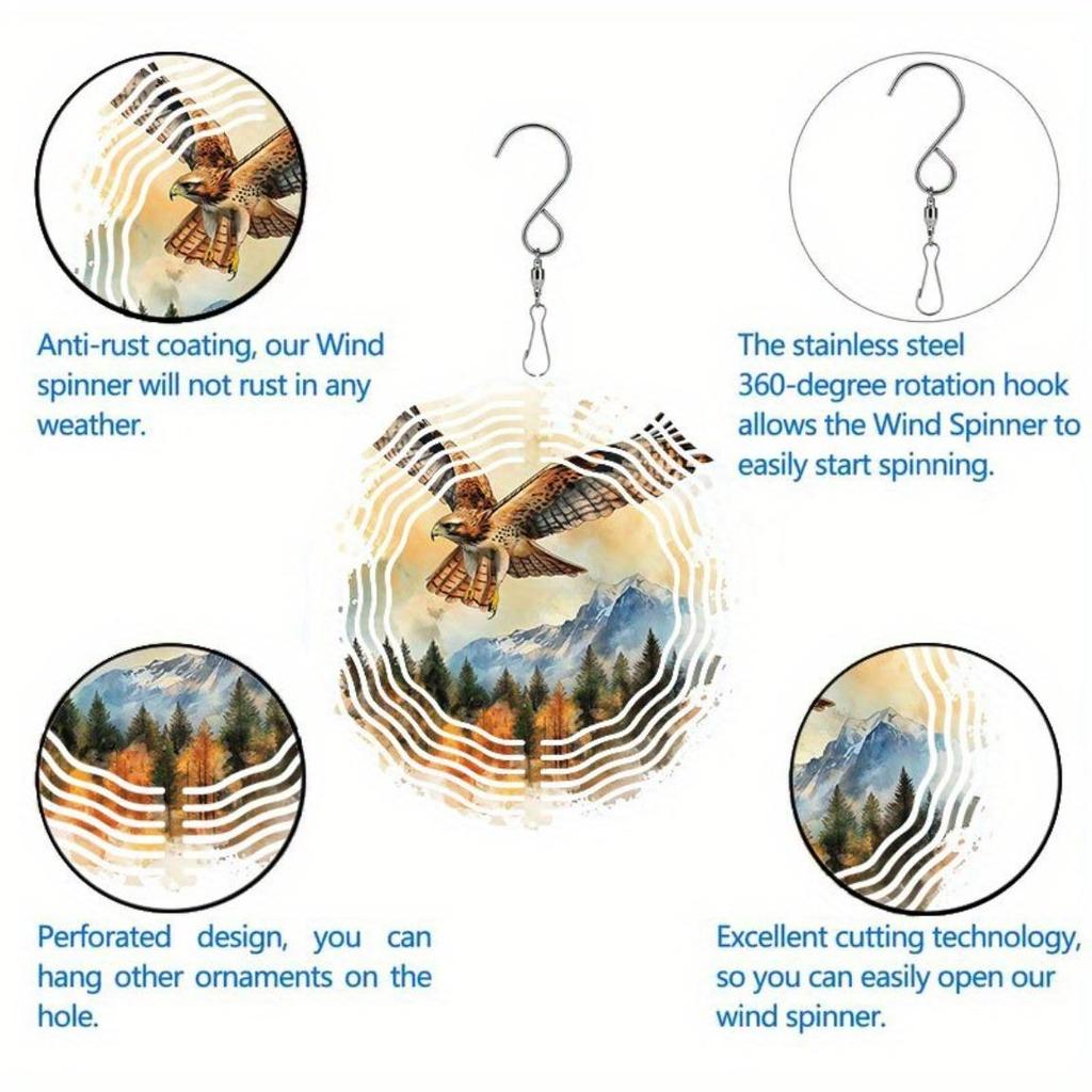 Eagle Wind Chime Outdoor Decor Kinetic Art Hanging Ornament for Porch Balcony Garden Durable Metal Eagle in Flight with Sunrise Forest Scene