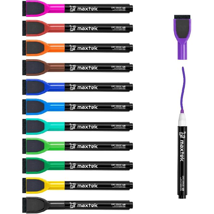 maxtek Magnetic Whiteboard Markers - 12 Count Colorful Fine Tip Dry Erase Markers with Eraser for Kids, Low Odor Thin Markers for Calendar Boards