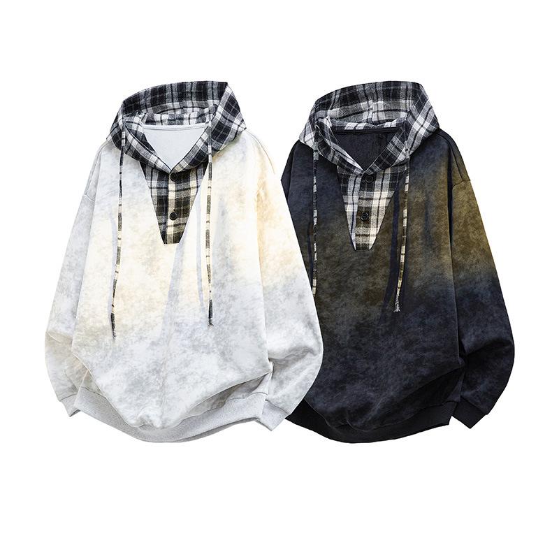 Autumn Men'S Contrasting Color Splicing Plaid Fake Two-Piece Sweater Men'S Casual Loose Hooded Sweater