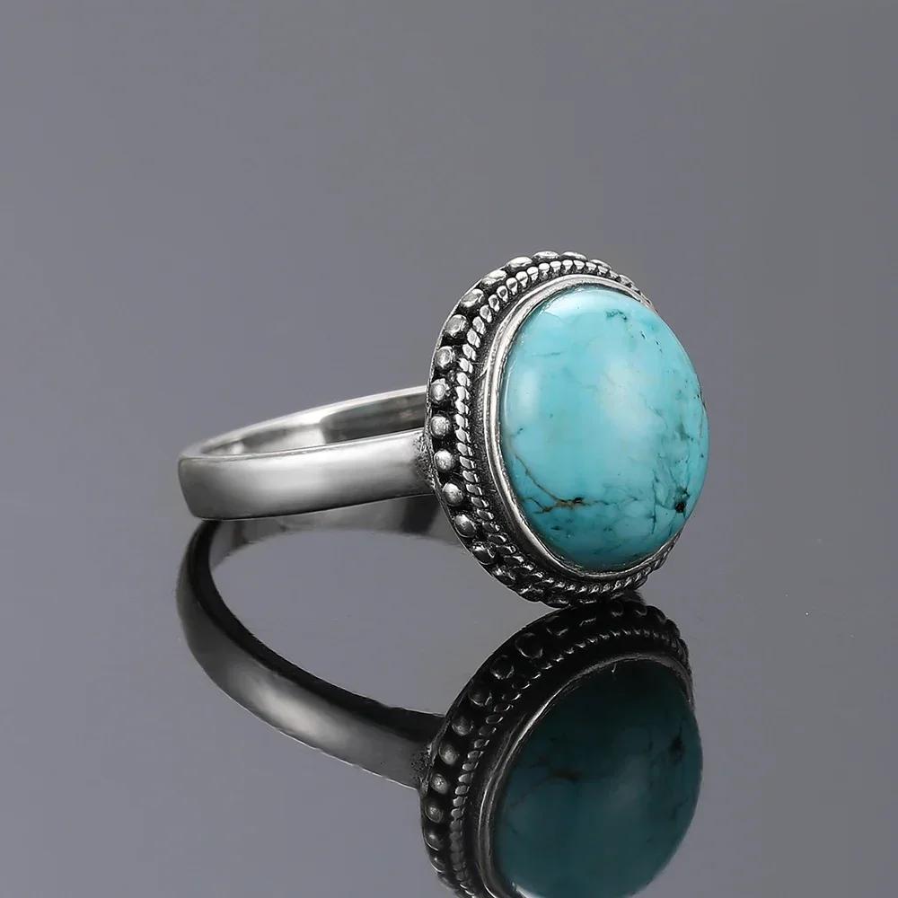 S925 Silver Vintage Ring With Natural Turquoise Stone Rings Oval and Round Shape Flower Carved Rings For Women Men