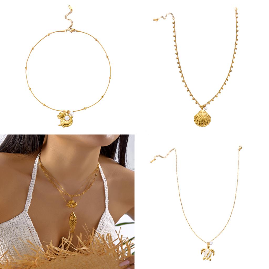 Oceanic Style Stainless Steel Necklace With Pearl And Sun Motif For Vacation Look