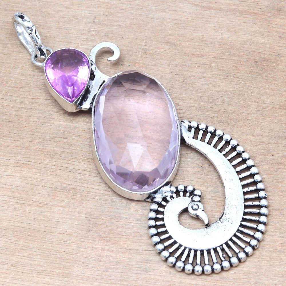 Pendant Amethyst Cheker Cut Gemstone Handmade Silver Jewelry 3"