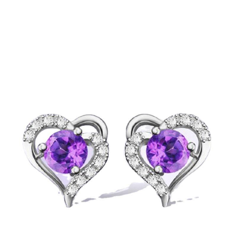 Zhenrong Heart-Shaped Amethyst Silver-Plated Stud Earrings for Women