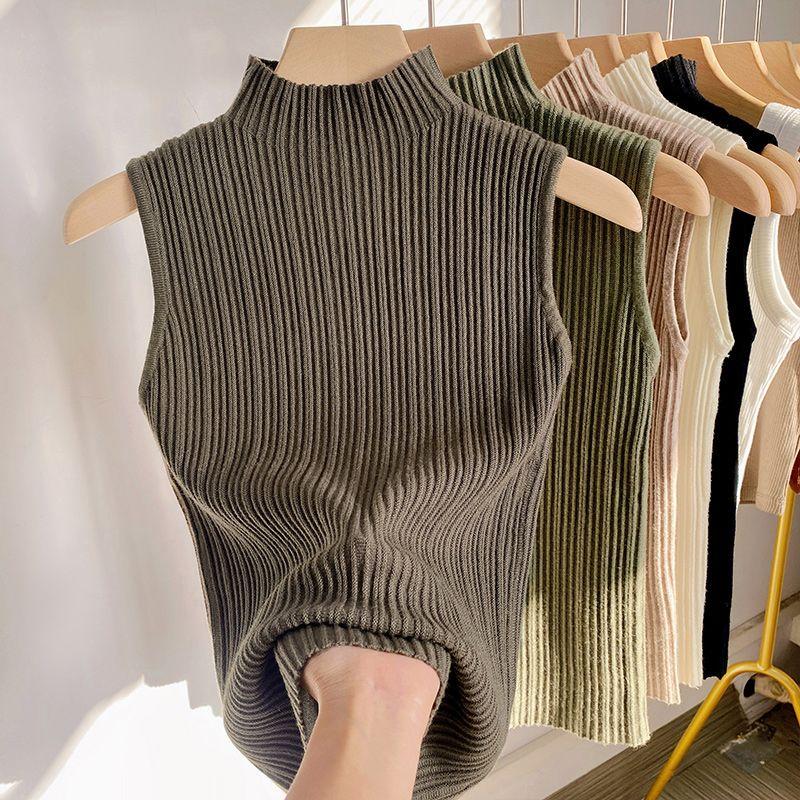 Women's Spring Summer Shrug Short Sleeveless European Style Half High Neck Knit Vest Thin Lining Top