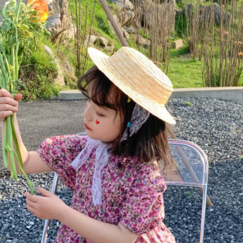 

New Kids Cute Straw Sun Hat with Lace Tie - Spring/Summer Hepburn Style 46-50 CM