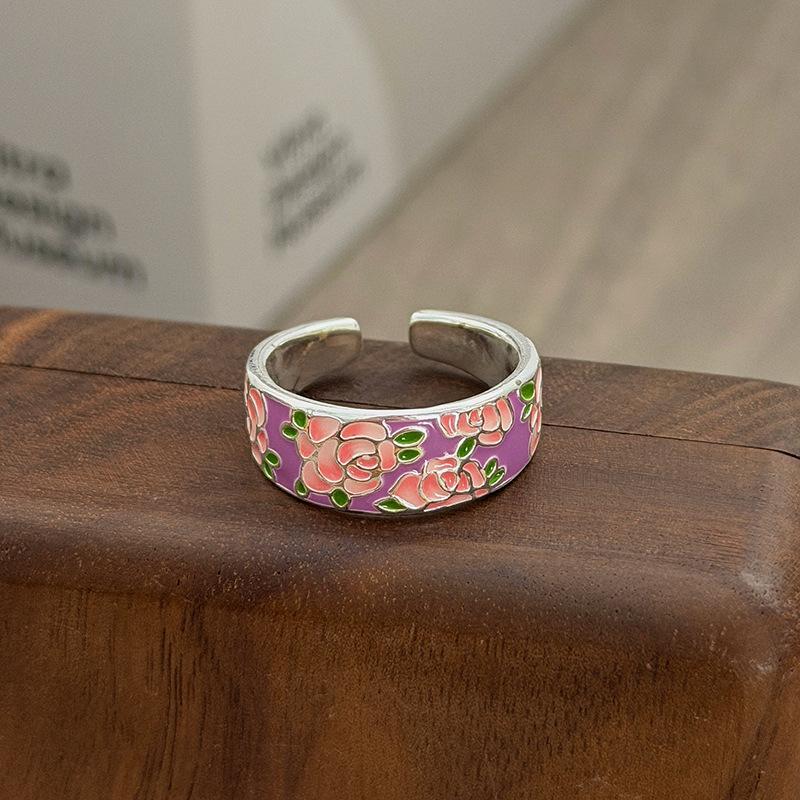 Niche High-End Sweet Sister Country Tide Style Colored Enamel Flower Retro Pattern Open Ring Stacked With Personalized Ring