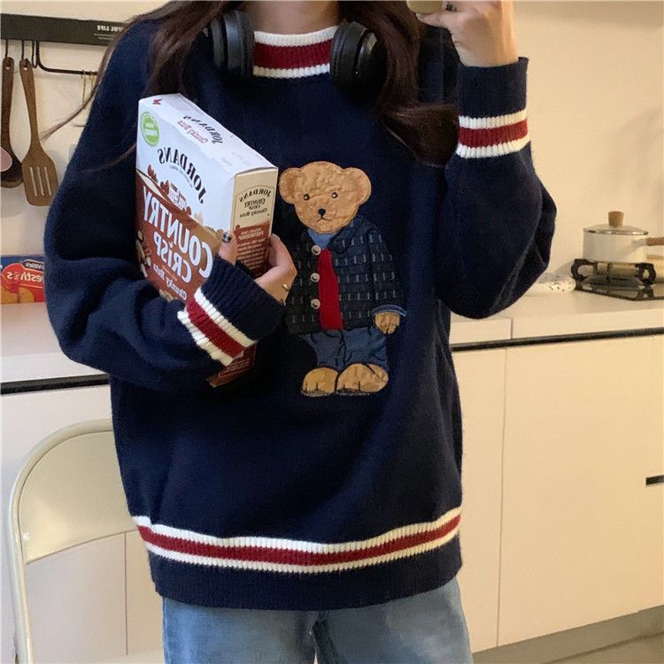 Vintage Cartoon Bear Embroidery Knitted Sweater Women Autumn Winter Harajuku Loose Pullover Korea Warm Sweet Kawaii Jumpers