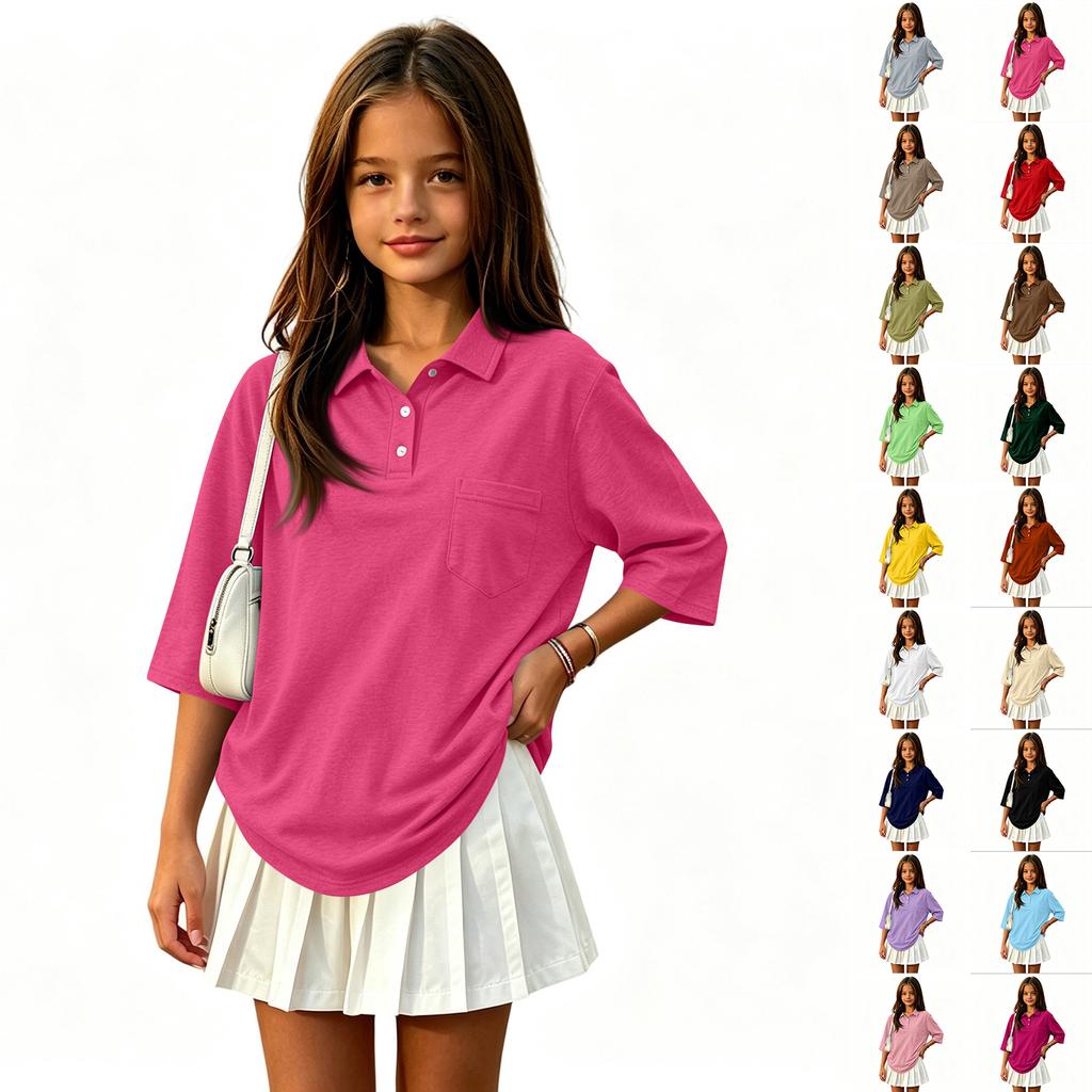 Children's Color 3/4 Sleeve Button Down Shirt with Collar and Side Slits, Casual Everyday Wear