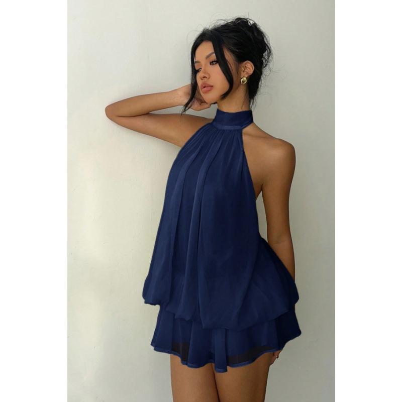 Fashion Sexy Backless Halter Neck Slim Waist Solid Color Women Mini Dress