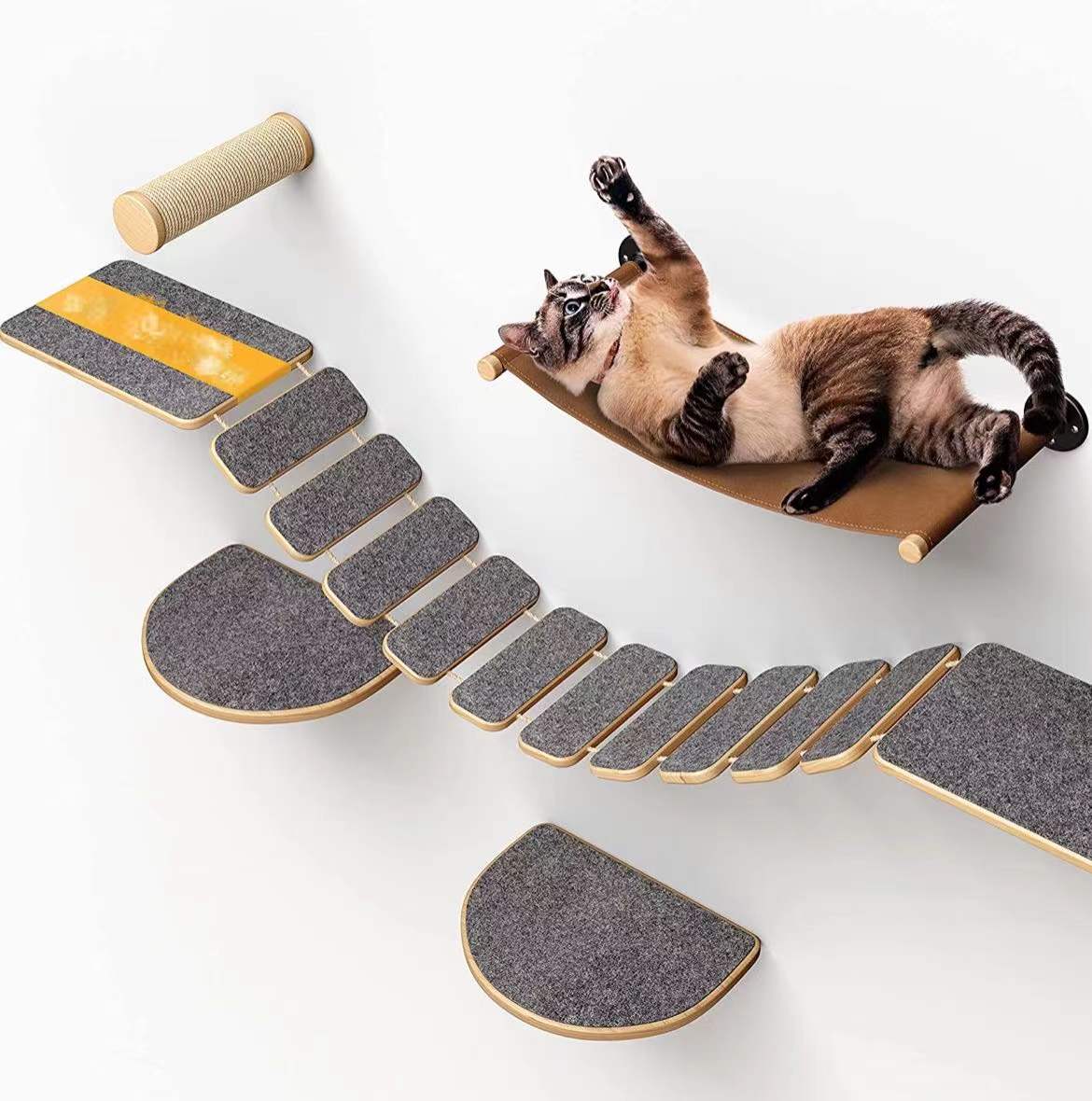 

Деревянная настенная полка для кошек, установленная на ступеньках, лестница, платформа для царапания, лестница, полки для гамака с войлочными ковриками, товары для животных