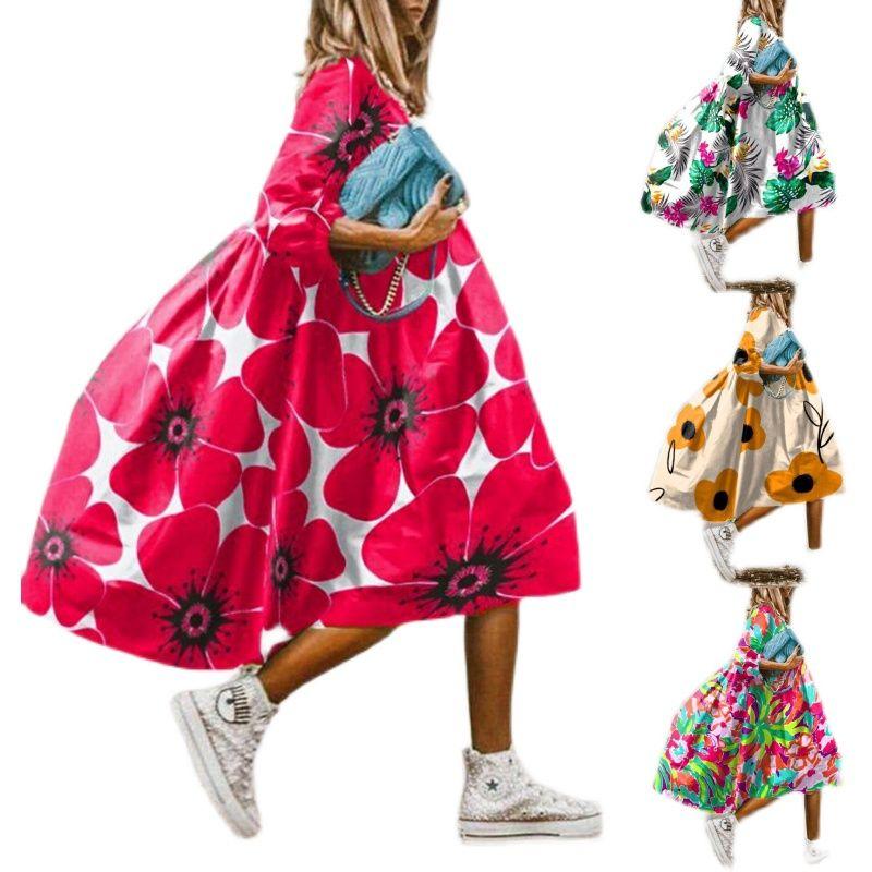 

2023 Round Neck Loose Waist Printed Long Sleeve Dress Leaves flowers 2XL