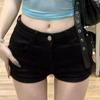 Low-Waist Black Denim Shorts for Women - Heavy-Duty Rivets, Tight Fit, Super Short, Perfect for Spring and Summer.
