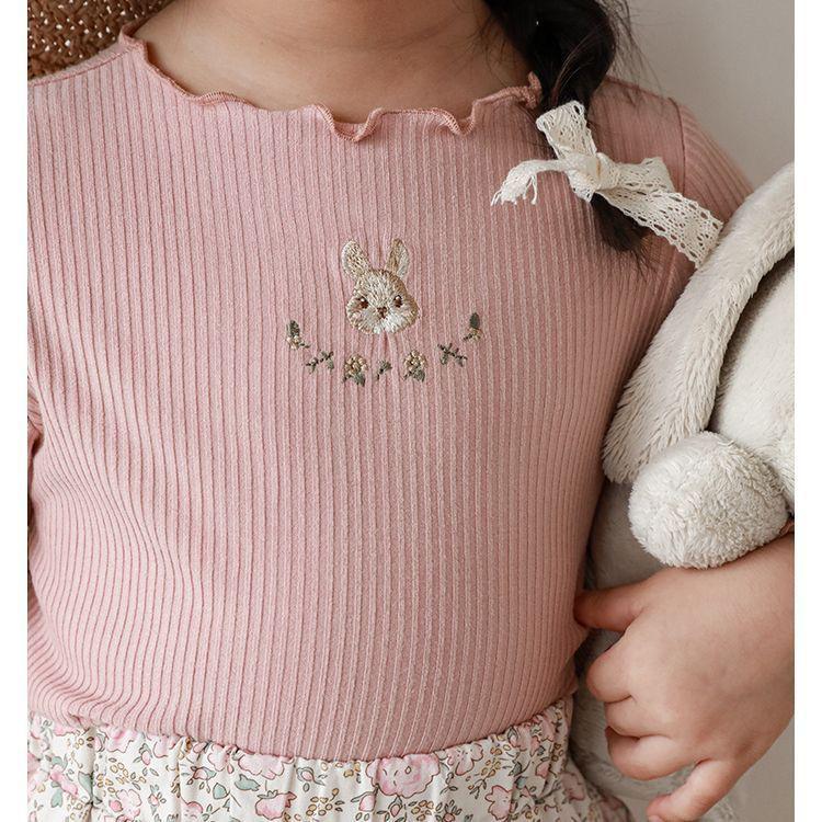 Girls' Cute Rabbit Embroidered Long-Sleeve T-Shirt - Versatile Base Layer for Spring/Autumn
