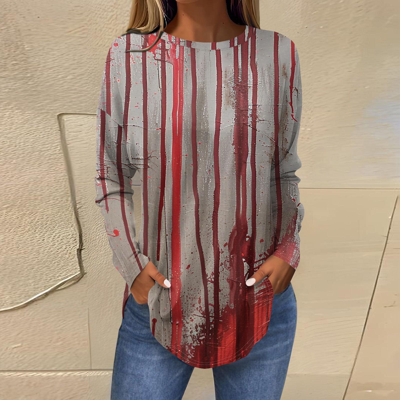 

Модні жіночі повсякденні топи з принтом і круглим вирізом з довгими рукавами XXL Кіновар