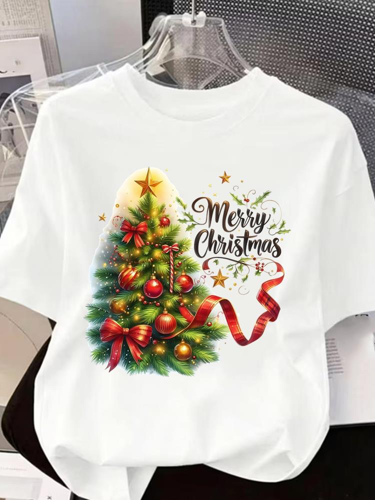 (Asian Size) Letter Tree 90s Short Sleeve T-shirts Women's Top O-neck T Shirt Print Merry Christmas Fashion Casual New Year Clothing Graphic Tee