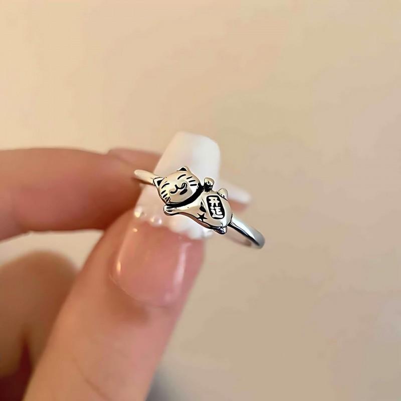 Adjustable Cat Ring Women Men Cute Lucky Finger Minimalist Open Band Vintage Style Copper Jewelry