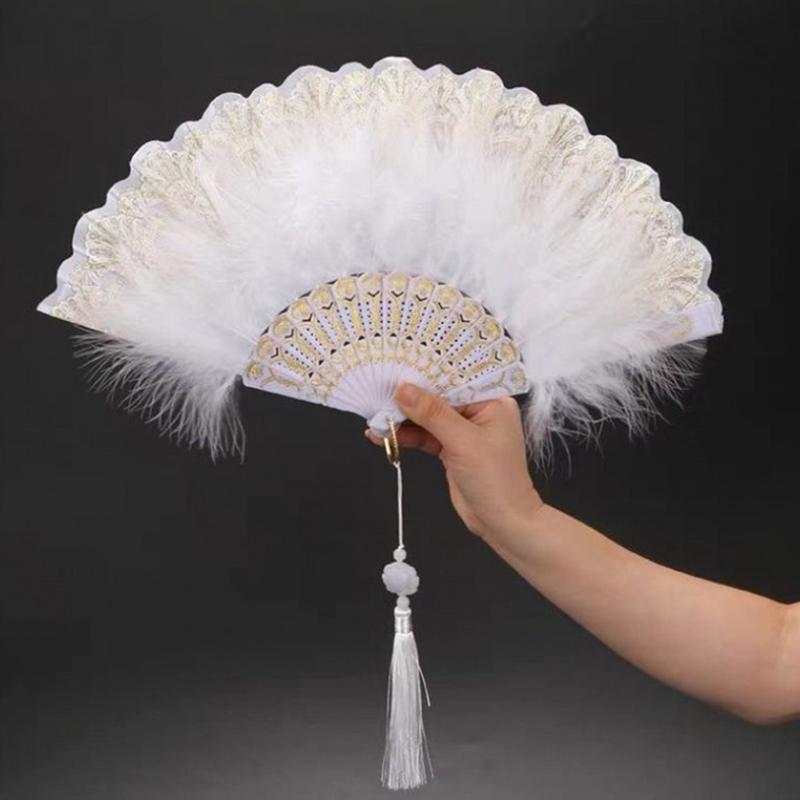 Sweet Feather Folding Fan Japanese Fairy Girl Dark Gothic Court Dance Hand Fan With Pendant Gift Wedding Party Decoration
