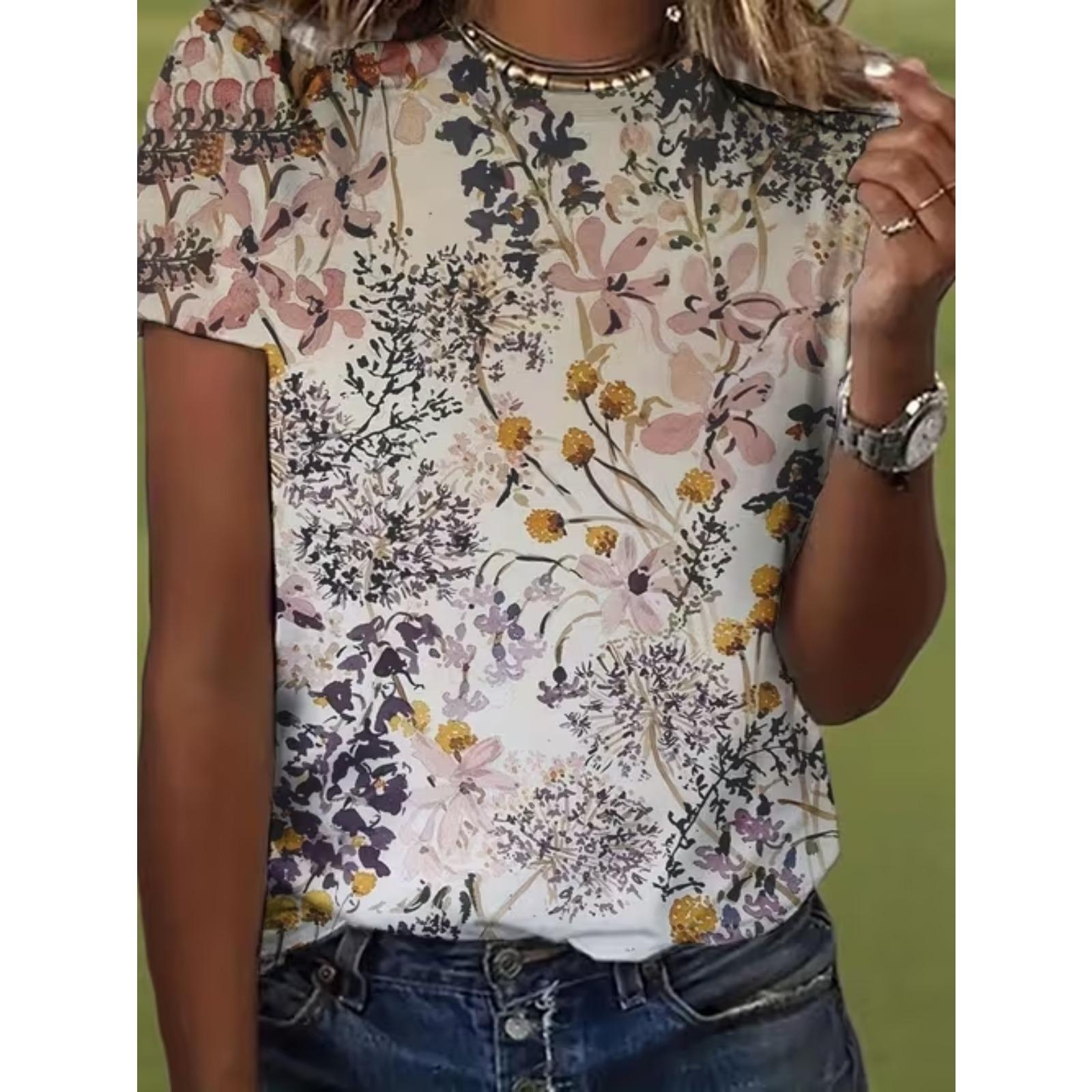 

Модна жіноча футболка з барвистим квітковим принтом, смішна повсякденна футболка з круглим вирізом і короткими рукавами, літня жіноча футболка 8XL анти-flash білого кольору