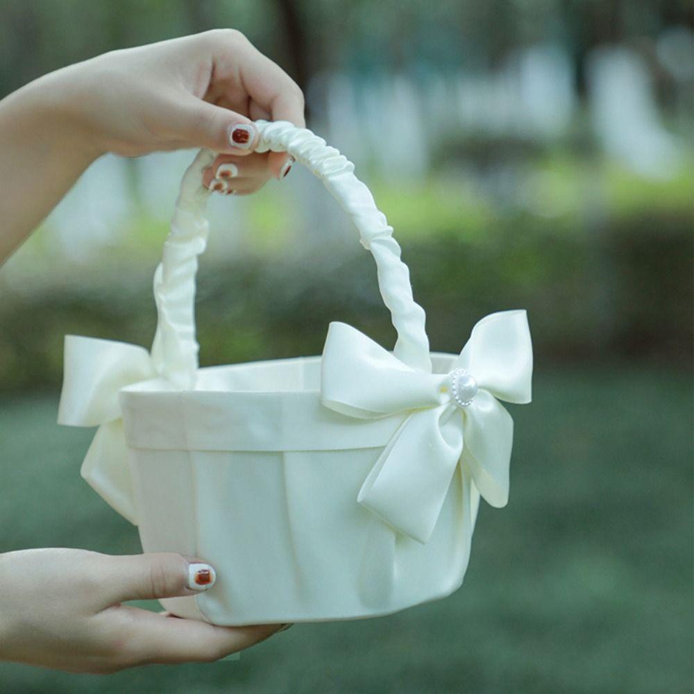 Rose Flower Flower Girls Basket Lace Satin Bow Hanbag Sweet Wedding Flower Basket Party