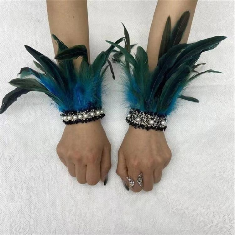 Braut Handgelenksmanschetten Federhandschuhe Hochzeit Kopfschmuck Schwarz Aufwändige Handbedeckung