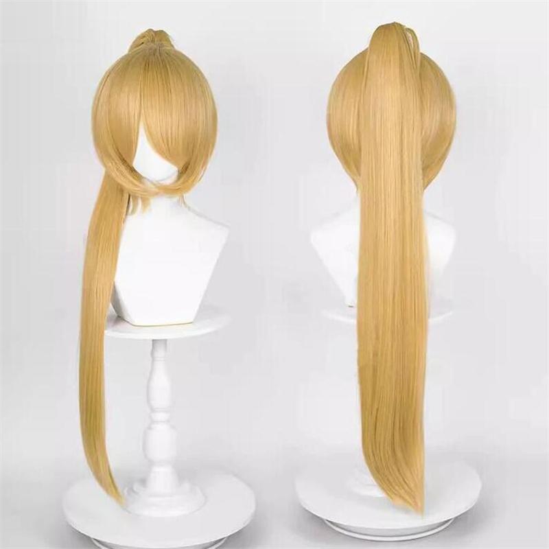 

90 см длинный прямой парик для косплея с хвостиком, аниме, короткий базовый парик, универсальные многоцветные термостойкие синтетические волосы, парики + шапочка для парика One Size золотистый