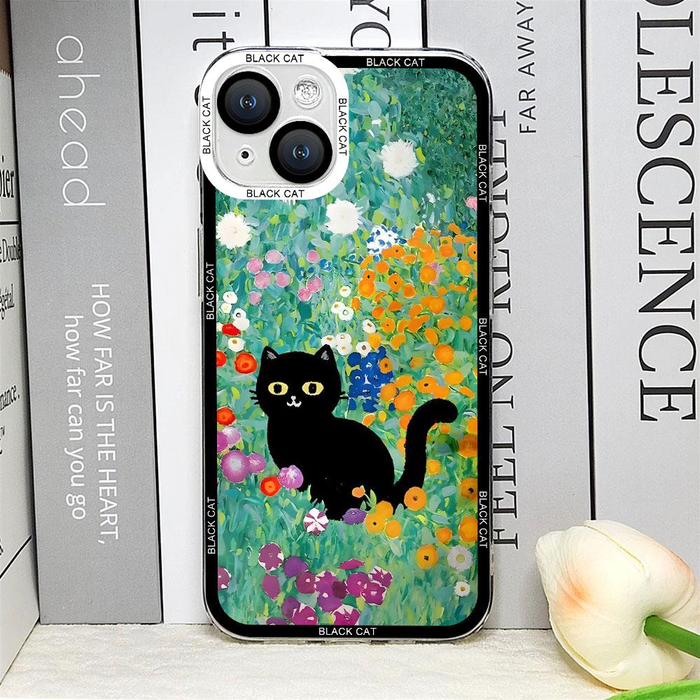 Retro Oil Painting Van-Gogh Flower Art Cat Phone Case for IPhone 16 15 11 13 12 Mini 14 Pro Max 7 8Plus SE X XS Soft Cover Shell