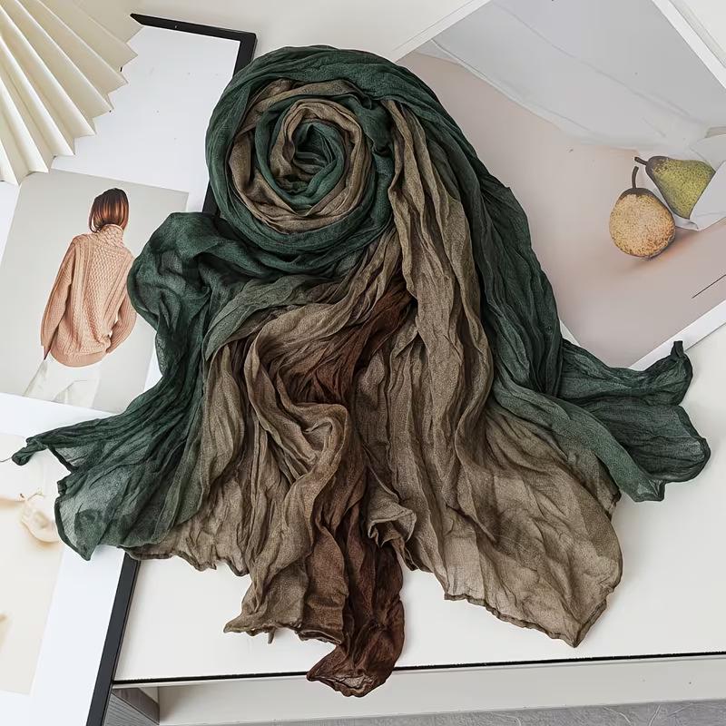 Gradient Blue Cotton-Linen Scarf: Retro Versatile Print, Long Pleated Women's Accessory for Autumn/Winter