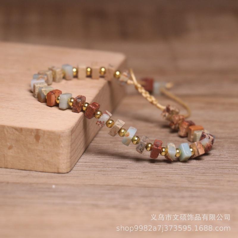Mixed Natural Stone Square Bead Bracelet – Gold Accent Adjustable Boho Jewelry, Earthy Healing Gift for Women