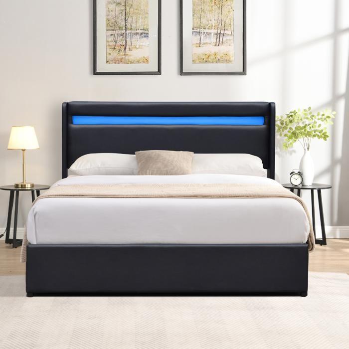 Lit coffre 140x200 - KING OF DREAMS - Tête de lit LED - Montage rapide - PVC simili facile d'entretien
