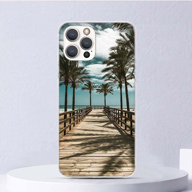 Sommer Strand Sonnenuntergang Meer Palme Weiche Hülle Für iPhone 16 17 Air 16E 15 Plus 11 12 13 Mini 14 Pro Max Handyhülle Apple 7 8 SE C