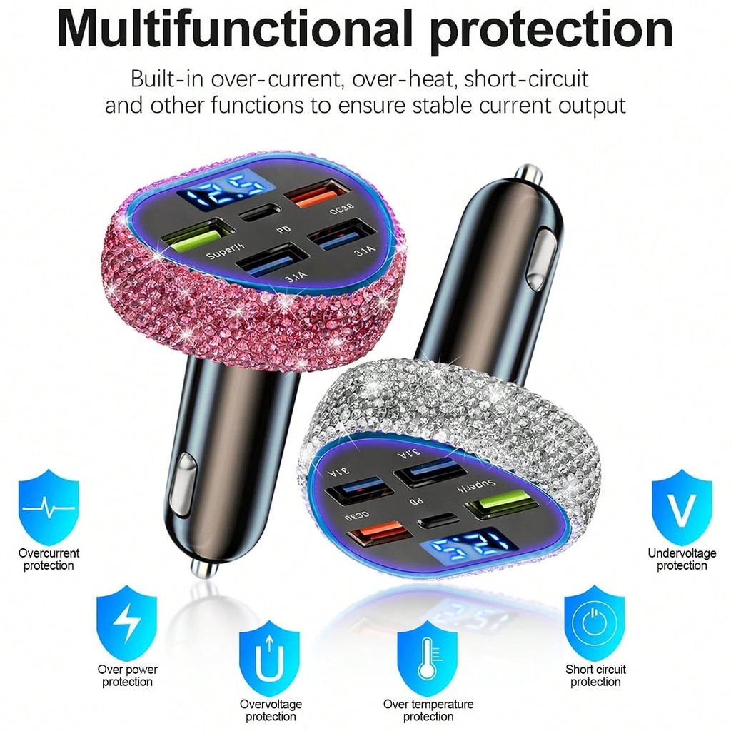 1pc Bling Bling Rhinestone Studded Car Charger, Fast Charging, USB A/C Car Phone Charger, Heart-Shaped LED Display Rhinestone Car Charger Adapter