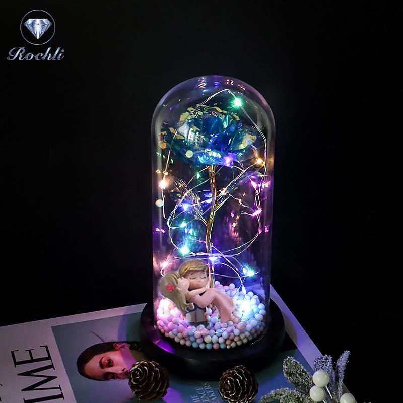 Rose Flower Preserved in Glass Dome with Night Light - Mother's Day or Birthday Gift Ornament