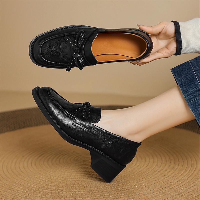 Fashion New Spring Sheep Leather Woman Shoes Square Toe Women Pumps Shoes for Women Chunky Heel Loafers Fashion Rivet Bow Casual Shoes