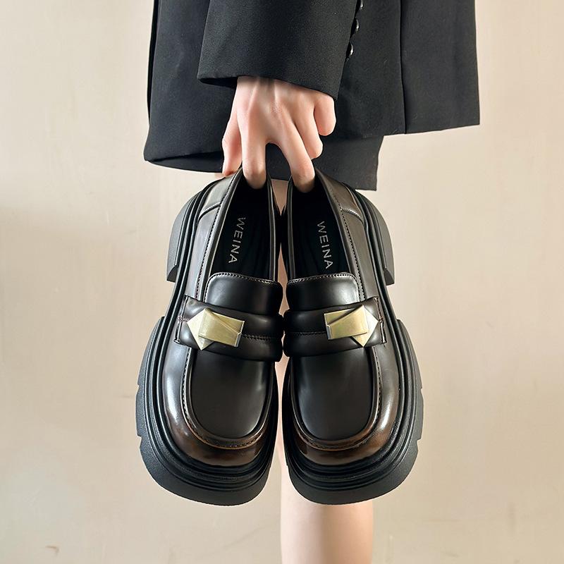 

толстоподошвенные туфли на толстом каблуке в британском стиле, женские новые весенне-осенние, увеличивающие рост, женские туфли-лодочки, модные универсальные лоферы 40 коричневый