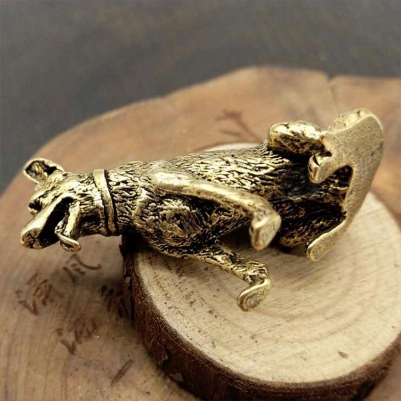 62KD Brass Metal Lucky Fortune Dog Statue Small Ornament Little Puppy Wolf Figurines Chinese Desktop Tea Pet Decoration