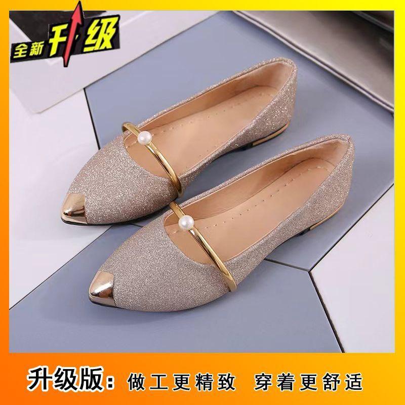 Fashion Pointed Low-heeled Pearl Single Shoes Versatile and Comfortable Shallow Mouth Foot Cover Women's Flat-soled Single Shoes 2025 Spring and Summ