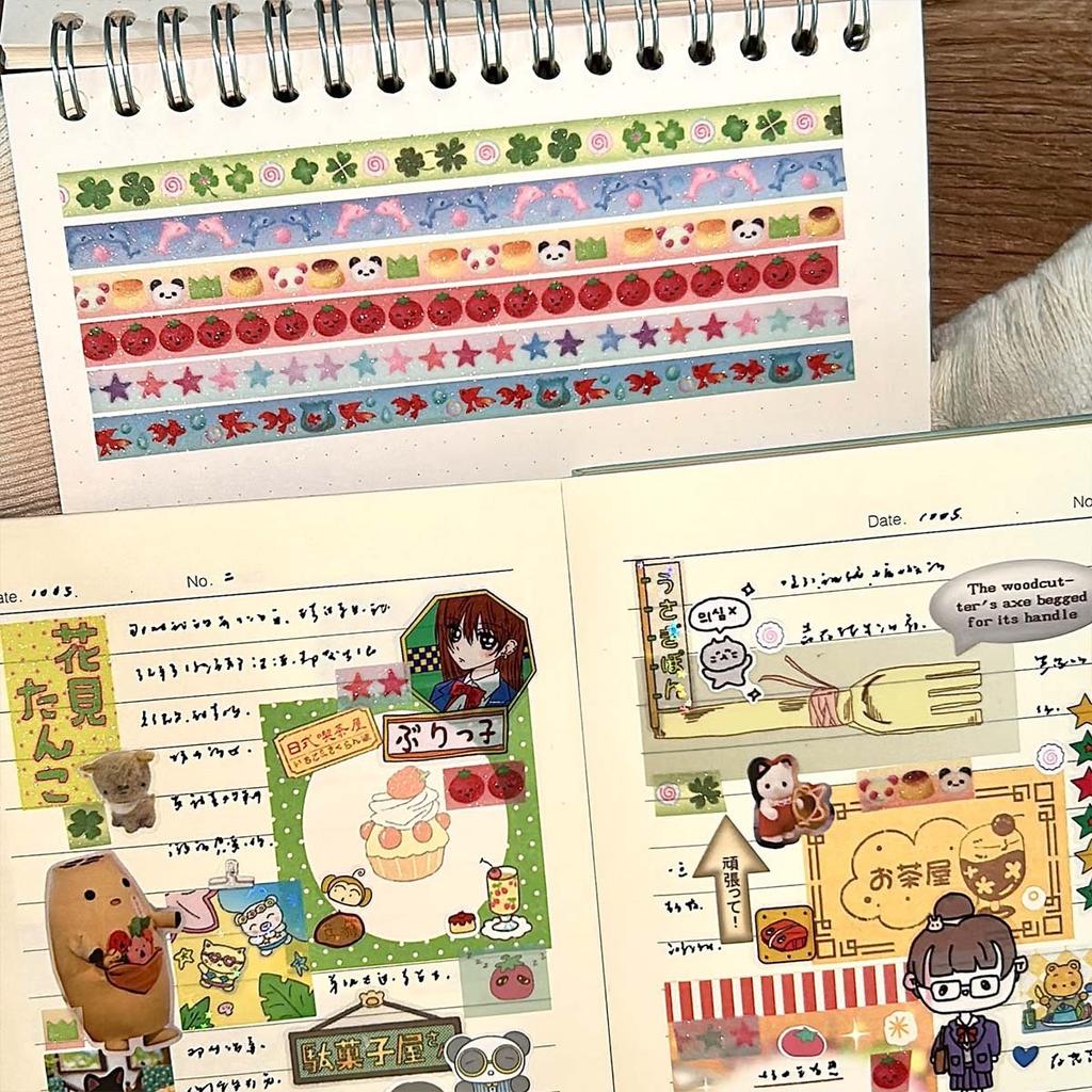 Washi Tape with Sand-Coated Shimmer Film Cute Tomato Deco Washi Tape Kawaii Four-leaf Clover Masking Tape with Release Paper