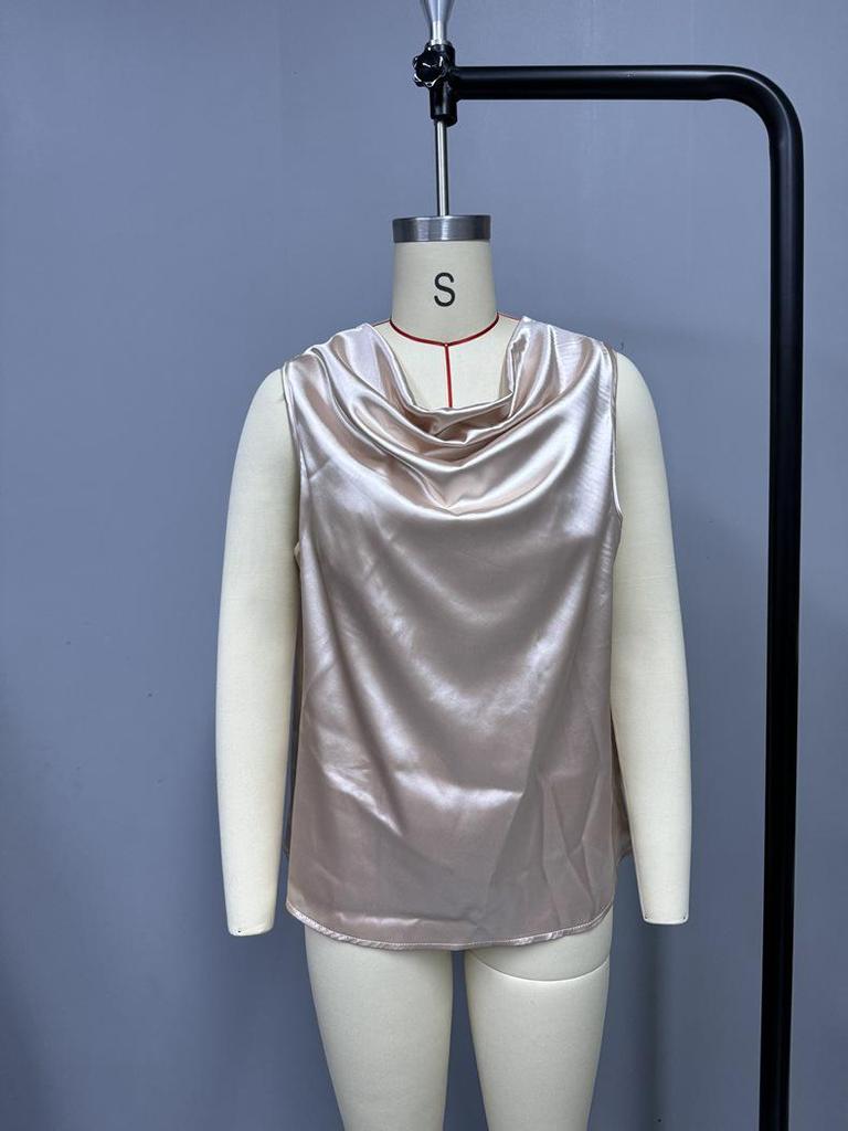 European & American Style Women's Satin Silk Sleeveless Pleated Top for Autumn