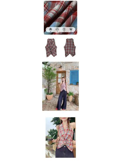 Women's Red Plaid Halter Tank Top - Waist-Cinching Sleeveless Summer Outerwear