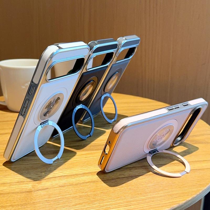 For Google Pixel 9 Pro XL Magnetic Case Rotating Kickstand Gear Stress Relief Leather Phone Back Cover