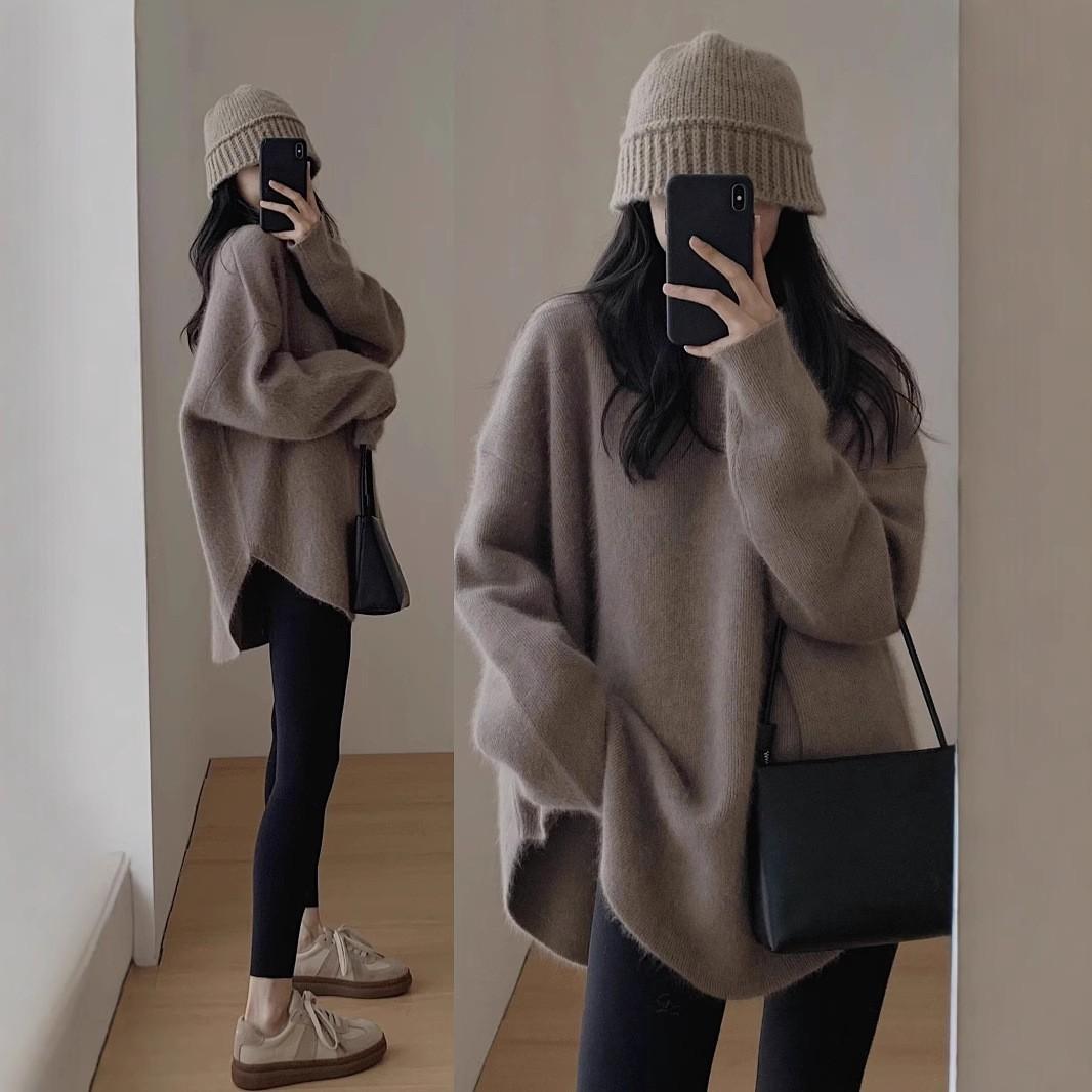 

Loose Sweater Mid Long Autumn Round Neck Pullover with Split Hem Knit Sweater for Women 2XL темно-коричневого кольору